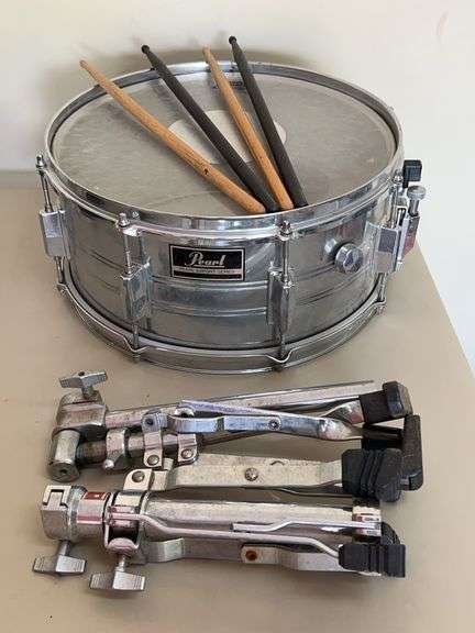 Pearl Export Series Snare Drum, 2 stands and 2 sets of drumsticks…..there is a small area of rust (see pics) image