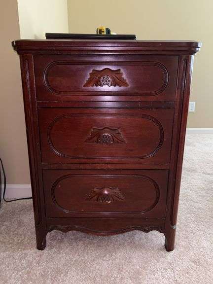 Walker Company Fine Furniture 3-drawer mahogany nightstand from The Original Lillian Russell Collection…..22-1/4 x 16 x 28-1/2 tall….blemishes on top from normal use image