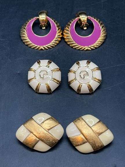 (3) pair of gold-tone, cream and fuchsia St. John clip-on earrings image