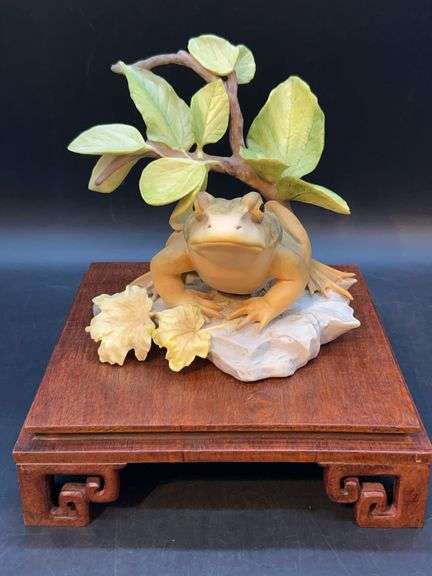 Cybis “American Bullfrog, Enchanted Prince” bisque porcelain figurine on wood base…..7-3/4 x 9” tall image