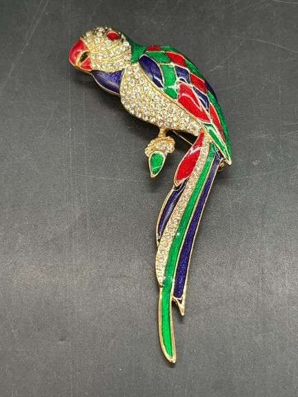 Vintage GIOVANNI Colorful enamel and clear stone parrot brooch…..3-1/2” image