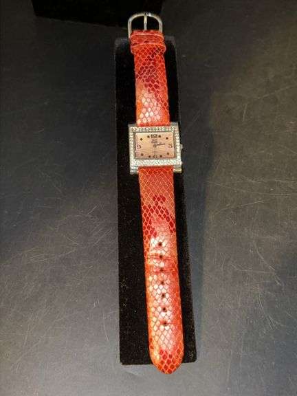 Nolan Miller watch with genuine coral leather band and rhinestone bezel image