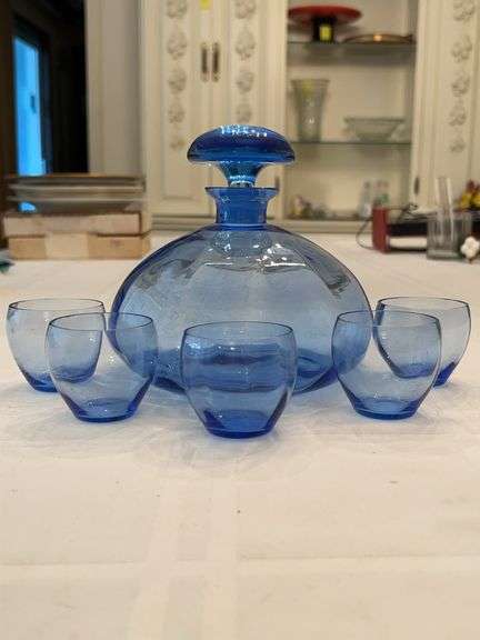 Cobalt Blue Moser Style Decanter & 5 Spirit Tumblers/Shot Glasses…..1 small chip around rim of decanter image