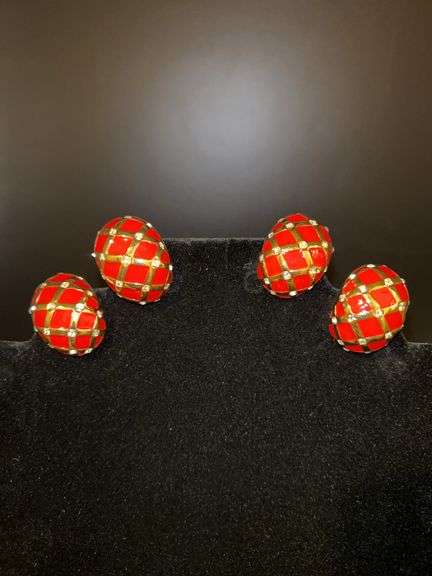 (2) matching pair of gold-tone and red enamel St. John clip-on earrings image