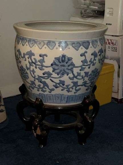 14”D x 18” tall (including stand) blue and white planter and wooden stand (stand has blemishes) image