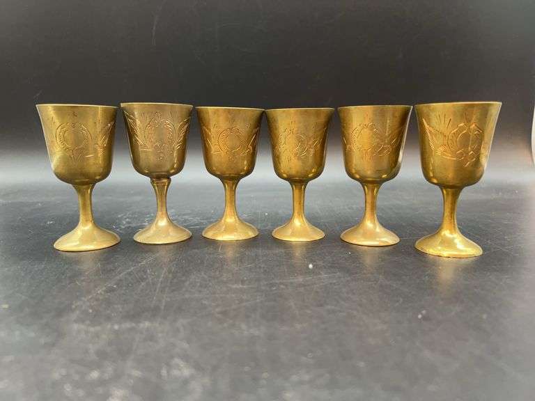 Set of (6) vintage etched brass 3-1/4” tall goblets image