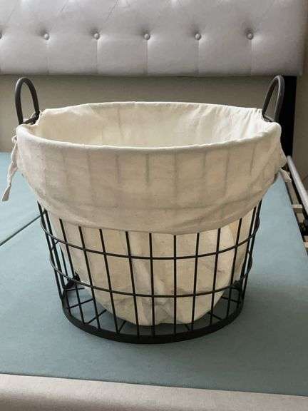 Wire basket with linen lining…..can used as laundry basket or other…..16”D x 12” tall image