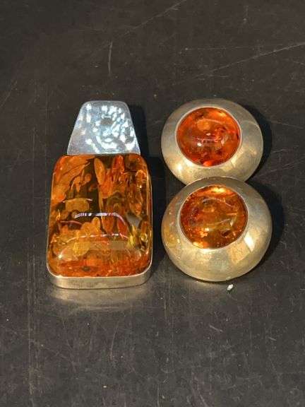 Exquisite 3-piece set with Baltic Amber settings…..includes 3” pendant and pair of lever back earrings…..made in Poland image