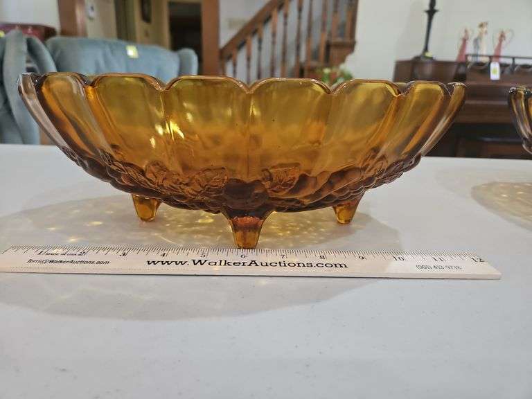 Vintage Indiana Glass Fruit Harvest Pattern Amber Glass Oval Footed 12x8.5x4.5 Centerpiece Bowl in excellent vintage condition... image