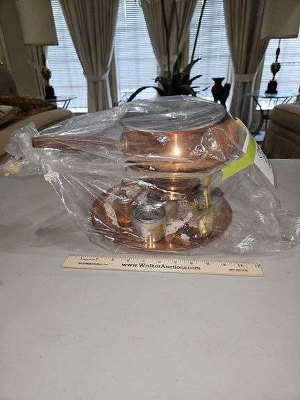 Vintage copper chafing dish on stand w/round tray... image