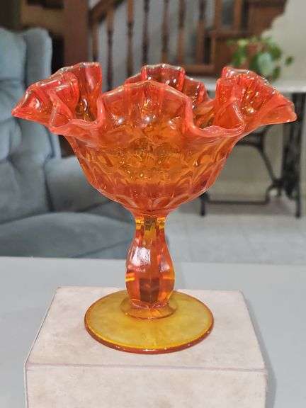 Vintage 6" Fenton Amberina Ruffled Thumbprint Pedestal Compote/Candy Dish in excellent vintage condition... image
