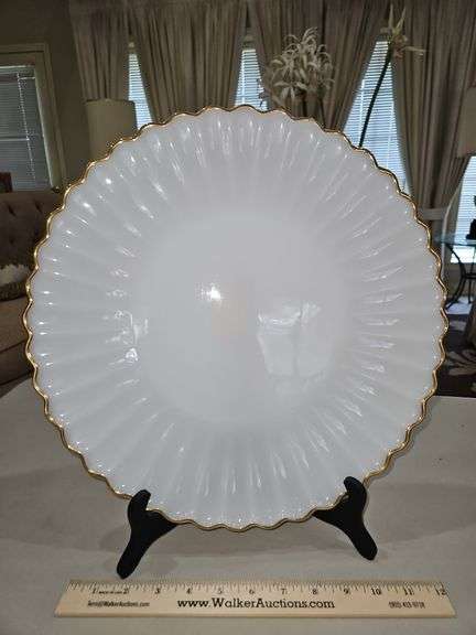 RARE FIND Vintage Anchor Hocking Large 14.5" Round Milk Glass Platter w/Ruffled Edge & 22K Gold Trim in excellent vintage condition... image