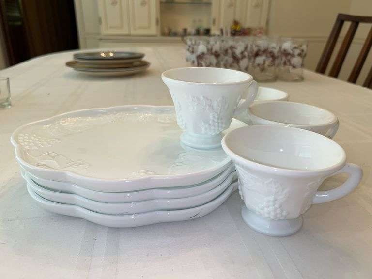 Set of 4 - Vintage White milk Glass Harvest Grape Leaf Snack Trays and Cups image