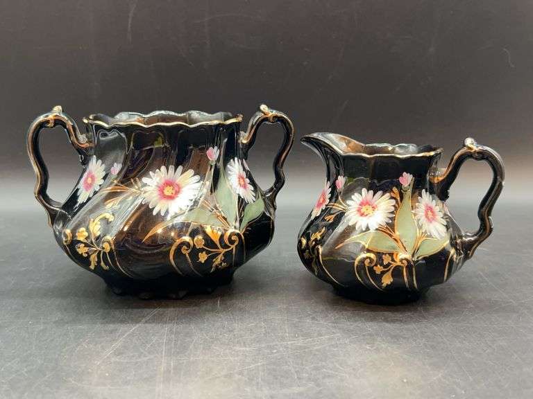 Vintage Black Sadler Floral and Swirl Design Creamer and Sugar Bowl image