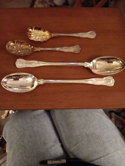 Antique Berry Salad Servers(2 pc)Sheffield England Silverplate and F.B. Rogers Kings pattern silverplated 13" serving spoons image