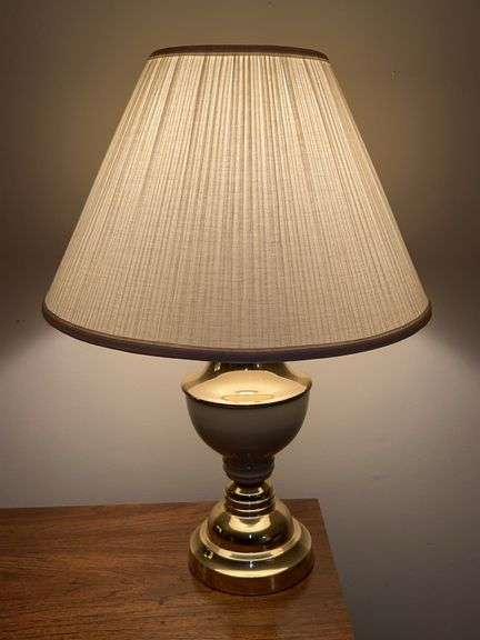 Pair of gold and cream-toned lamps with pleated shades (see all pics) image