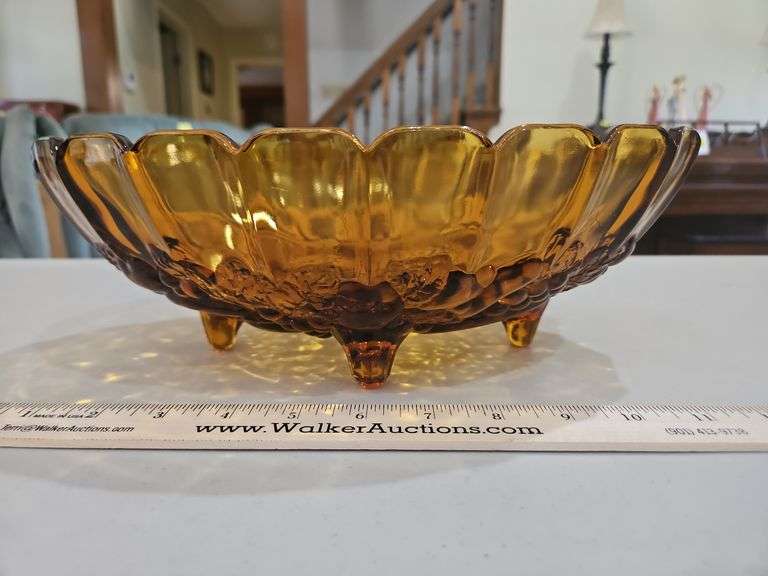 Vintage Indiana Glass Fruit Harvest Pattern Amber Glass Oval Footed 12x8.5x4.5 Centerpiece Bowl in excellent vintage condition... image