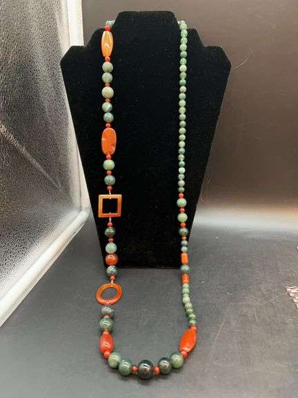 Extraordinary glass bead longer necklace in greens/browns image