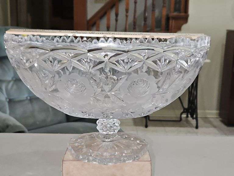 Large Vintage Cut Rose Pressed Glass Footed Compote in very good vintage condition... image
