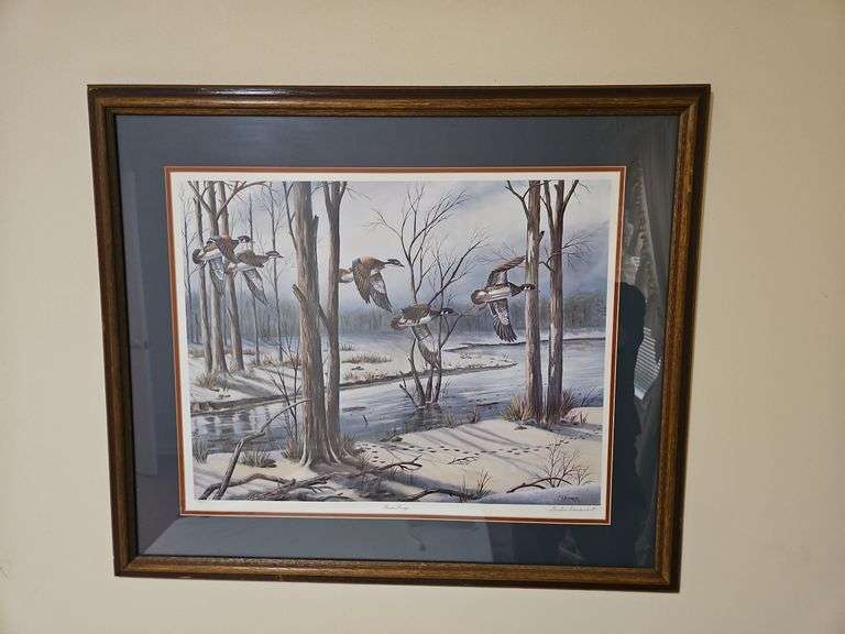 Vintage framed & double matted 32.75x27.75 SIGNED Louise Dunavant "Snow Songs" print... image