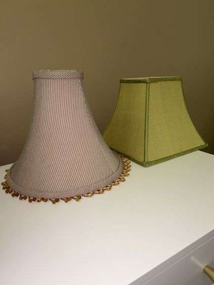 Pair of very nice lamp shades…..left is taupe color with acrylic beaded edge and right is hues of green image