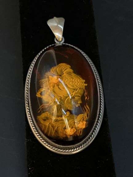 Vintage Silver-Tone Pendant with Baltic Reverse Honey Amber Cameo…..3” image