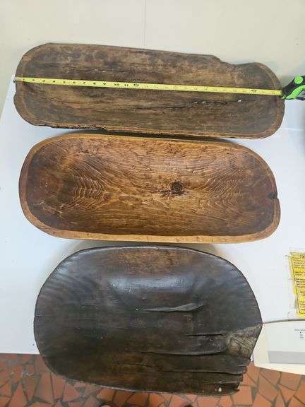 Three(3) vintage wooden dough bowls PLUS a dough pie pan holder... image