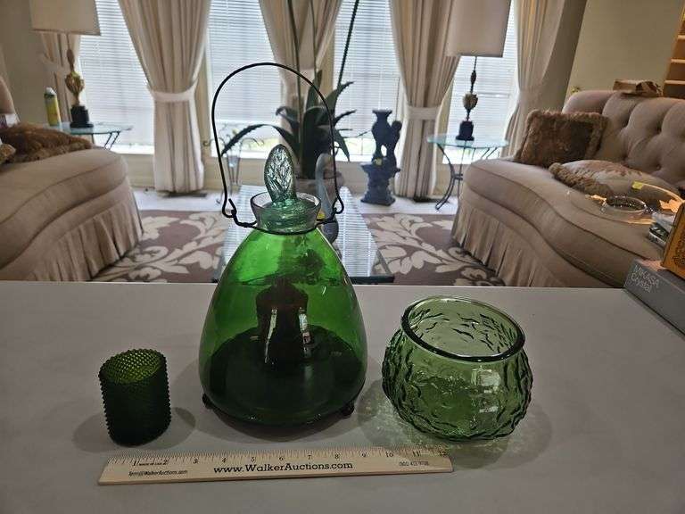 Collection of vintage green glass candleholders SEE ALL PICS... image