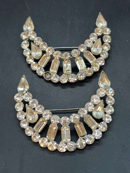 Vintage art deco era matching rhinestone quarter moon brooches image