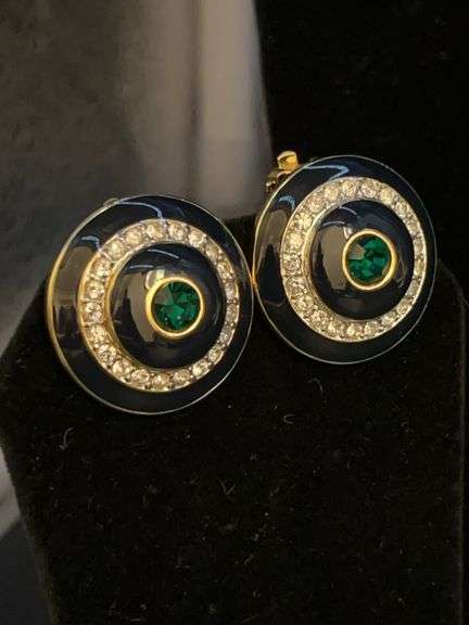 Very pretty pair of St. John clip-on earrings with navy blue enamel and green/clear stones image