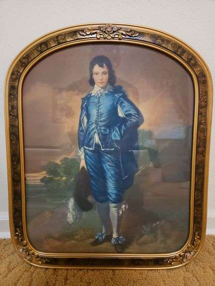 Vintage "Blue Boy" print by artist Thomas Gainsborough in an elegant gold colored frame 18.5x22.5 w/raised embellishments... image