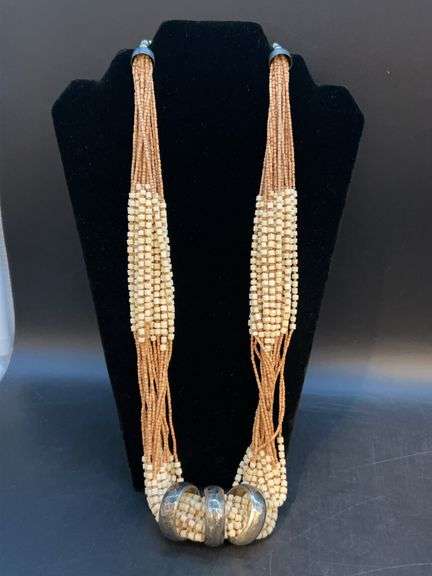 Uniquely designed multi-strand heavily beaded necklace with (3) silverplate rings image