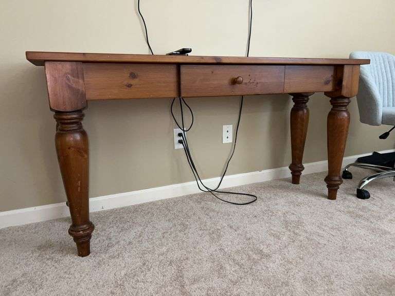 Solid wood (possibly knotty pine) console table with single drawer…..60 x 17-1/4 x 29-1/2 tall…..OTHER CONTENTS NOT INCLUDED image