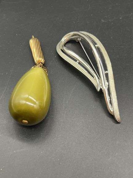 Vintage 1970s Sarah Coventry Golden Avocado Pendant and Vintage Sarah Coventry Modernist Textured Ribbon Swoosh image