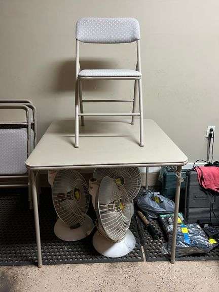 Square card table and 4 padded  back/seat folding chairs…..there is staining on some chairs image