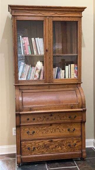 Vintage 2-Piece Oak Cylinder Roll Front Secretary…..38 x 22 x 84 tall…..the pieces in drawer belong to top drawer on inside…..OTHER CONTENTS NOT INCLUDED image