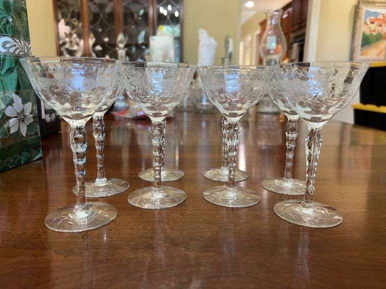 Set of (8) etched crystal champagne glasses with grapevine pattern image