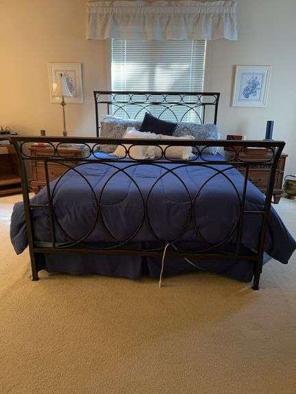 Pier 1 Imports queen size decorative metal frame bed, mattresses and all linens image