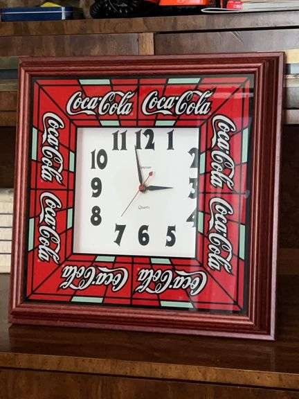 Coca-Cola battery powered clock…..back is taped and needs glued back to frame……14” square…..front is plexiglass image