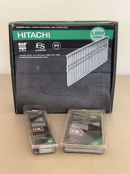 Partial box of Hitachi 2” x 113” framing nails and (2) partial sleeves of Hitachi finish nails (2” and 3/4” and both are 18ga) image