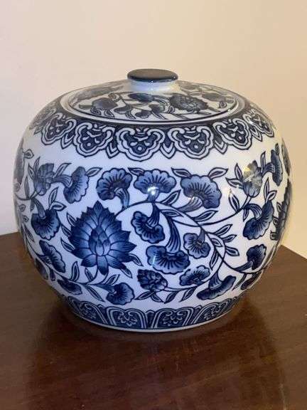 Beautiful blue & white lidded jar…..8” tall image