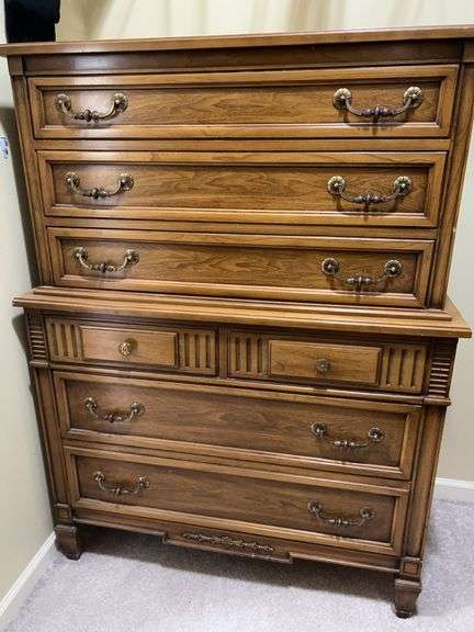 Beautiful vintage solid wood 7-drawer tall chest….unit is just 1-piece…..40 x 20-1/4 x 53 tall…..CONTENTS NOT INCLUDED….there is a blemish where drawer has rubbed but overall a really good piece image