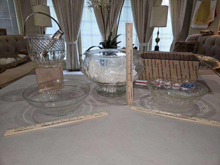 Group of vintage glass items including punch bowl w/8 cups, 12 punch cups, 2 serving bowls, and ice bucket w/hammered aluminum handle & tongs... image