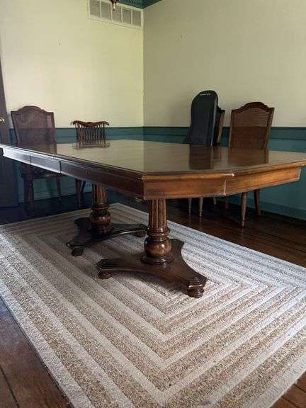 Exquisite Ethan Allen Classic Manor Maple Double Pillar Dining Table & Leaf…..83 x 42 x 29 tall with leaf (18”)….comes with table pads as well image