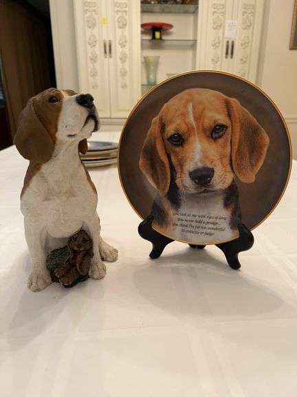 Adorable Living Stone brand resin Beagle Puppy with bear toy and Danbury Mint “Eyes of Love” collectors plate (stand included) image