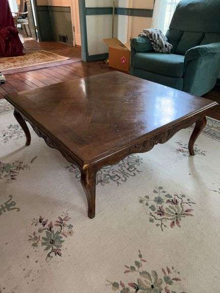Queen Anne style coffee table with carved aprons and inlaid top…..does show wear and top needs TLC…..40” square x 16” tall image