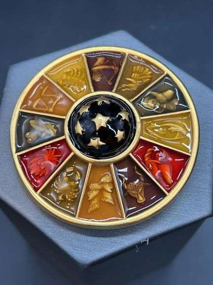 Bob Mackie Zodiac Wheel Astrological Enamel Round Brooch image