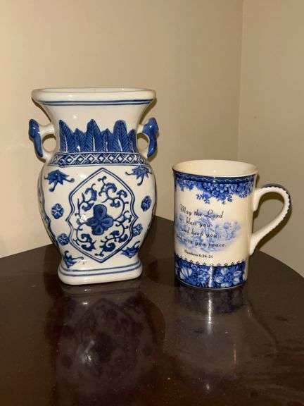Nice looking blue/white vase and mug…..vase is 6-3/4” tall and has 1 tiny flea bite/hairline crack image