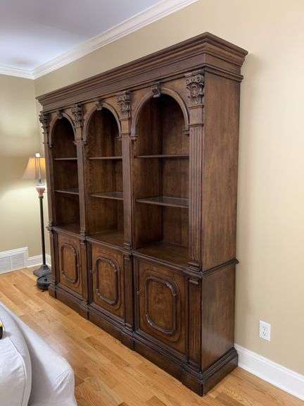 Gorgeous 3-unit glass shelf bookshelf….piece can be separated top and bottom for transport…..trim at top is one continuous piece…..84 x 16-1/2 x 84 tall…..unit unscrews from the inside bottom image