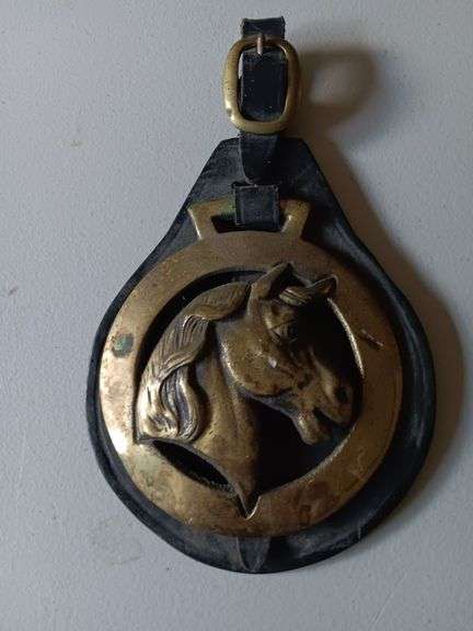 Brass horse head medallion on leather image